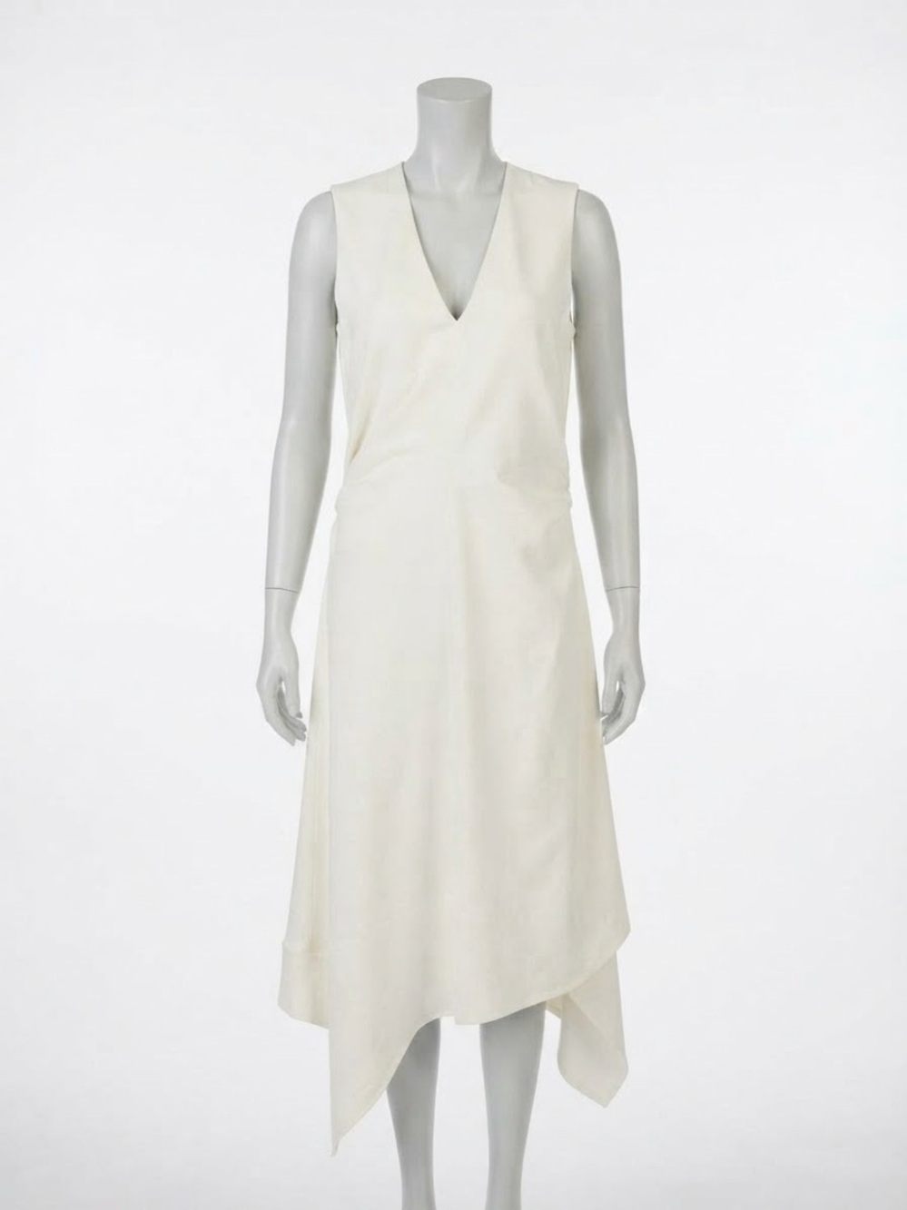 COS Womens M Ivory Asymmetric Midi Dress Ruched Draped V Neck NWT